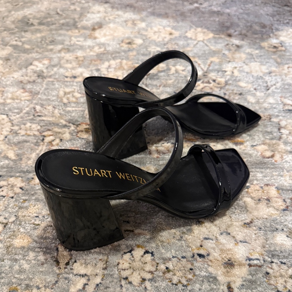 Stuart Weitzman Black Patent Two-Strap Block Heel Sandals - Picture 4 of 10